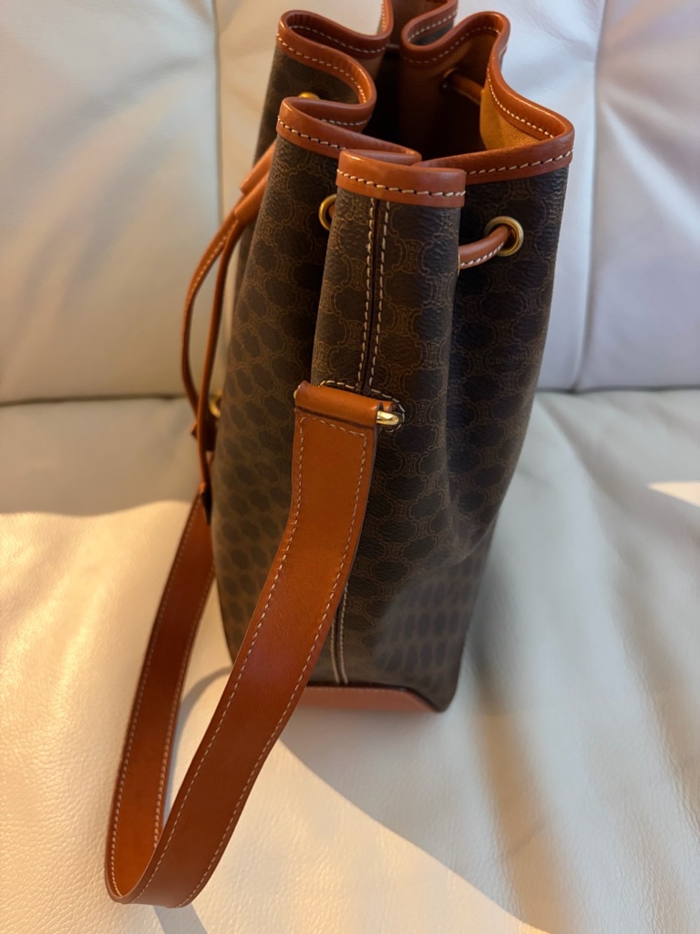 Celine Brown Signature Drawstring Bucket Bag with Tan Trim - Picture 4 of 9